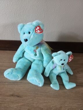 New! Ty Ariel Teal Plush Bear Beanie Baby & Buddy Duo with Floral Embroidery